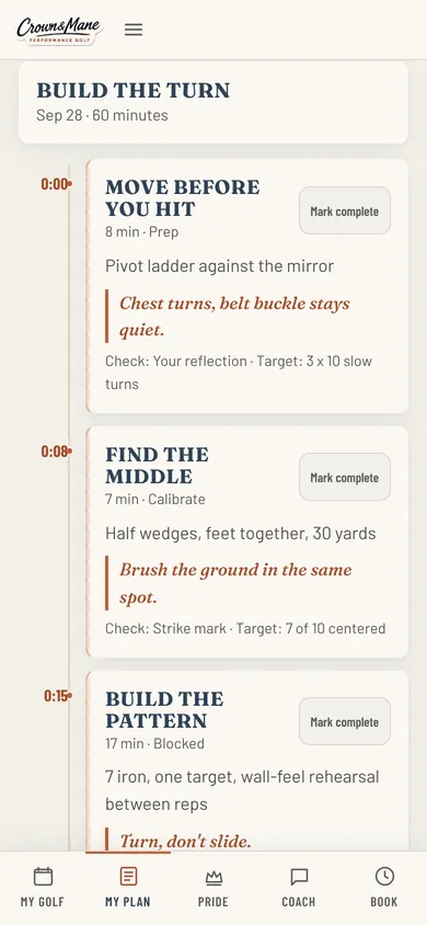 A junior's timed practice plan in the Crown & Mane app