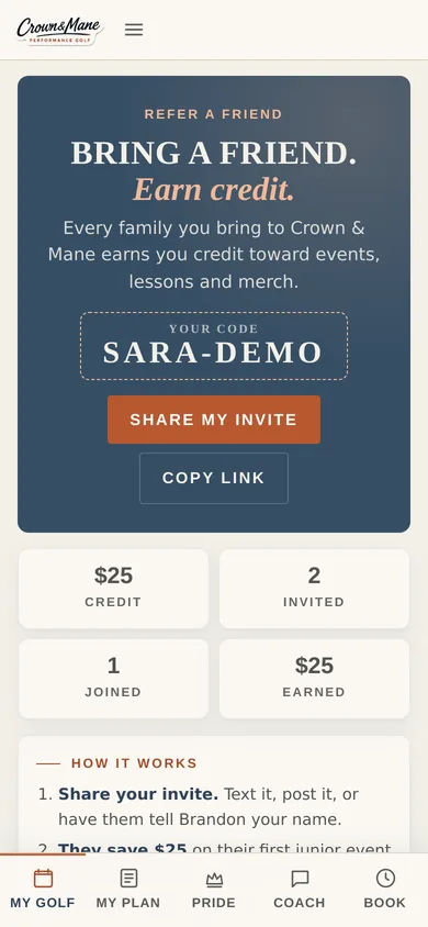 The refer a friend screen